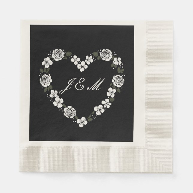Black and White Floral Heart Wedding Napkins (Front)