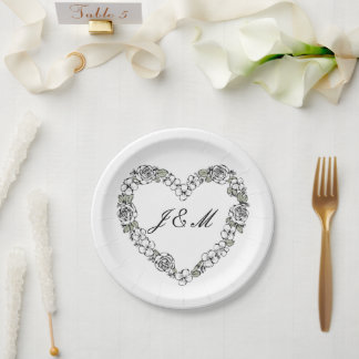 Black and White Floral Heart Wedding Paper Plate
