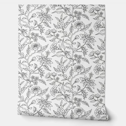 Black and White Floral Illustrated Pattern Wallpaper