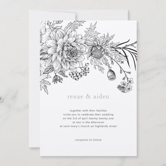 Black and white floral illustration wedding invitation (Front)