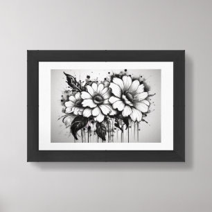 Black and White Floral Ink Drips Framed Art