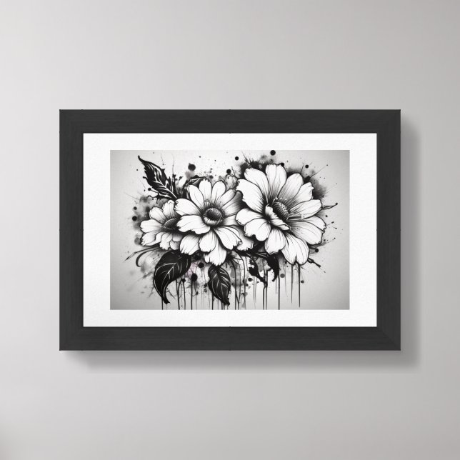 Black and White Floral Ink Drips Framed Art (Framed Front)
