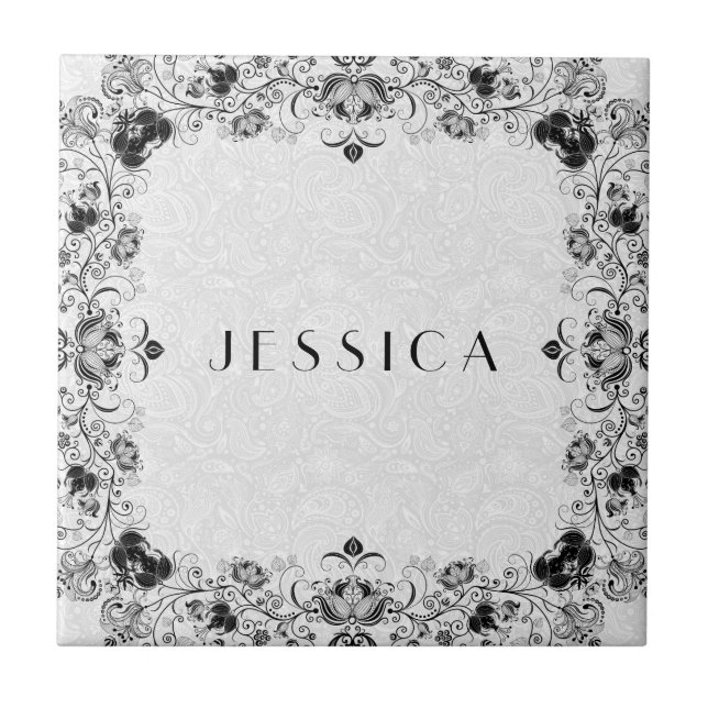 Black And White Floral Lace Frame Ceramic Tile (Front)