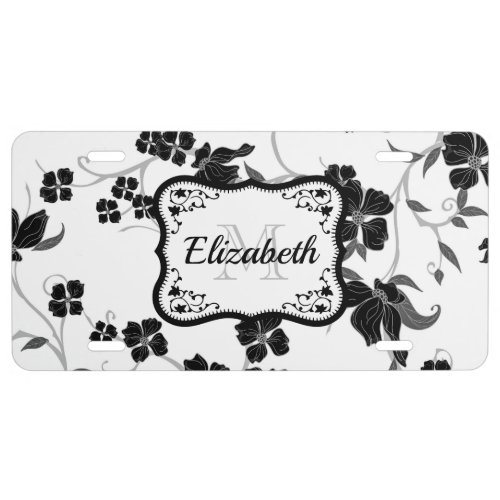 Black and White Floral License Plate