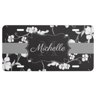 Black and White Floral License Plate