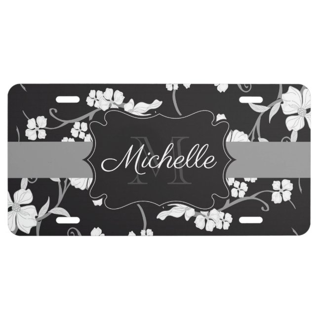 Black and White Floral License Plate (Front)