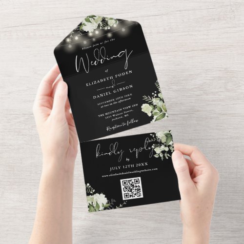 Black And White Floral Lights QR Code Wedding All In One Invitation