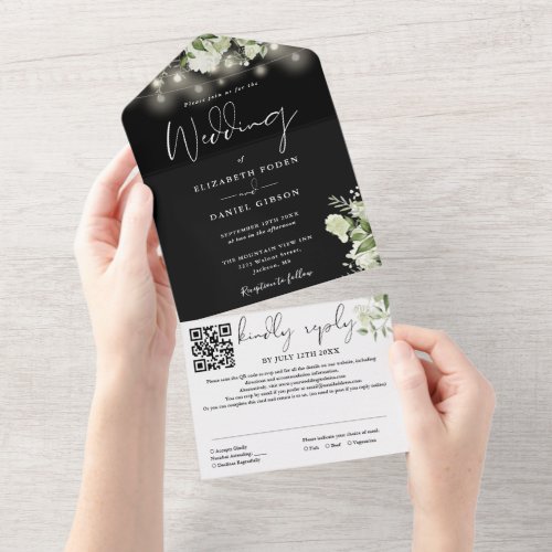 Black And White Floral Lights QR Code Wedding All In One Invitation