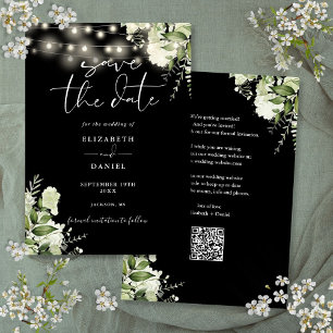Black And White Floral Lights QR Code Wedding Save The Date