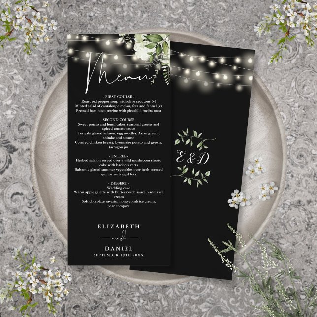 Black And White Floral Lights Wedding Dinner Menu (Black And White Floral Lights Wedding Dinner Menu)