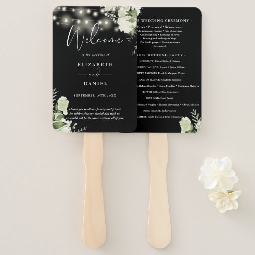 Black And White Floral Lights Wedding Program Hand Fan