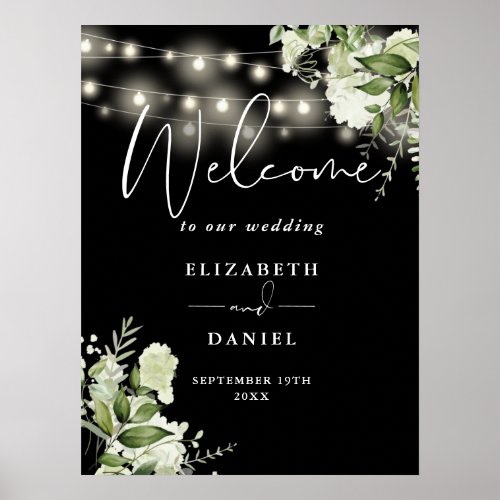 Black And White Floral Lights Wedding Welcome Poster