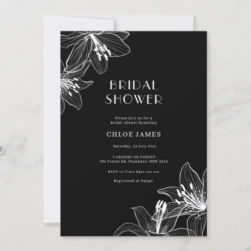 Black and White Floral Lilies Bridal Shower Invitation