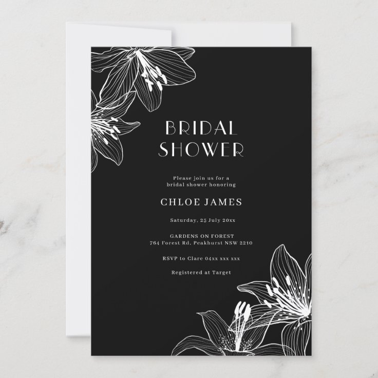 Black and White Floral Lilies Bridal Shower Invitation Zazzle