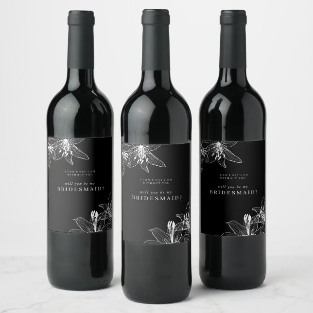 Black and White Floral Lilies Bridesmaid Wine Label (Bottles)