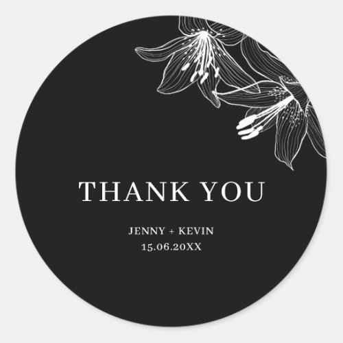 Black and White Floral Lilies Thank you Classic Round Sticker