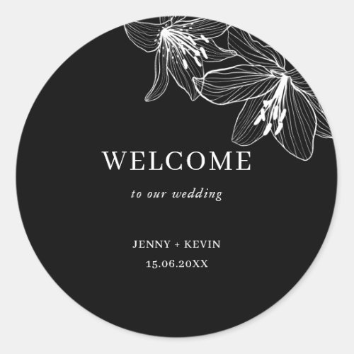 Black and White Floral Lilies welcome Classic Round Sticker