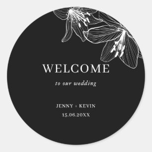 Black and White Floral Lilies welcome Classic Round Sticker