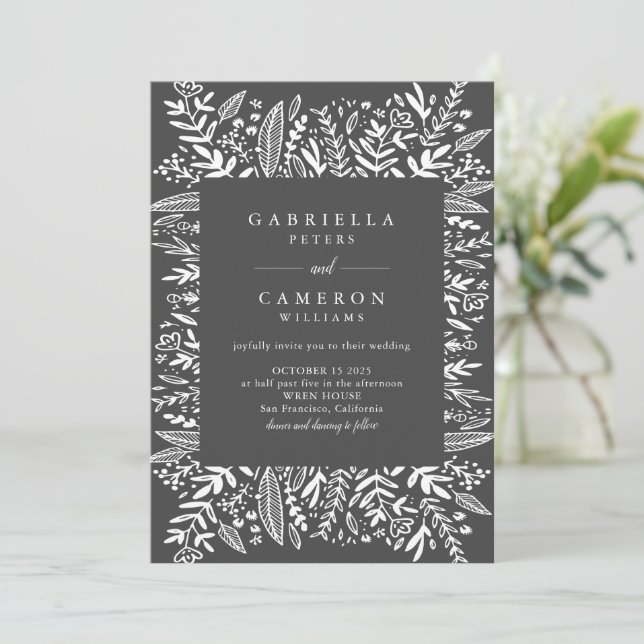 Black and White Floral Line Art Modern Wedding Invitation (Standing Front)