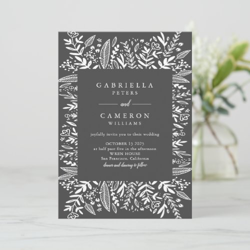 Black and White Floral Line Art Modern Wedding Invitation