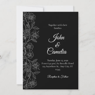 Black and White Floral Line Art Wedding Invitation