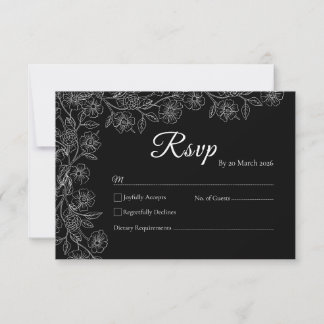 Black and White Floral Line Art Wedding RSVP Card
