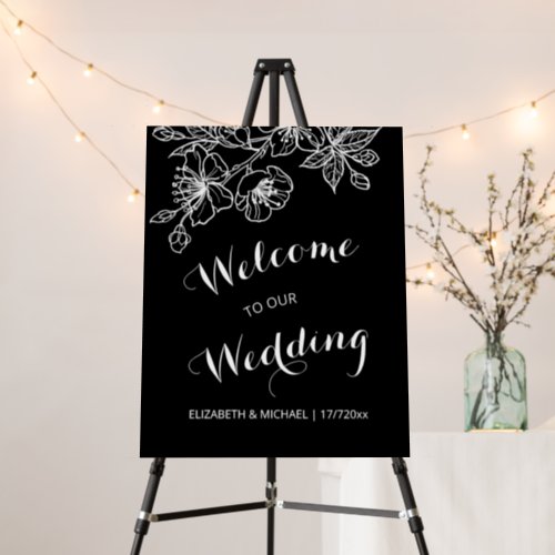Black And White Floral Line Art Wedding Welcome Foam Board