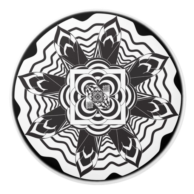 Black and White Floral Mandala Ceramic Knob