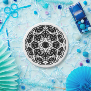 Black and white floral mandala round paper plates