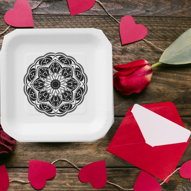  Black and white floral mandala square Paper Plates (Creator Uploaded)