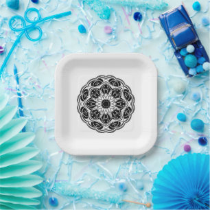 Black and white floral mandala square Paper Plates