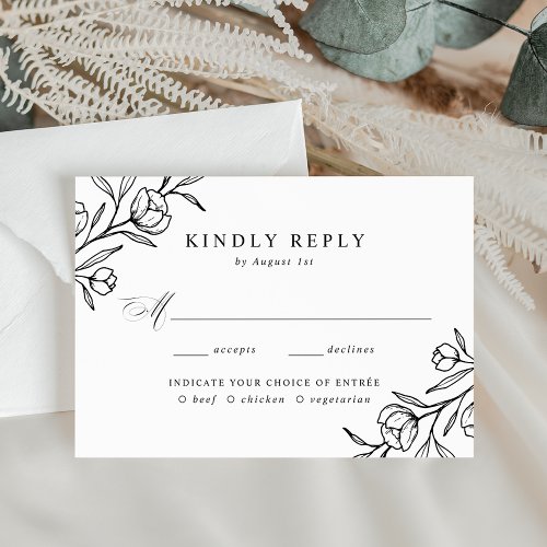 Black and White Floral Meal Choice Wedding RSVP Card