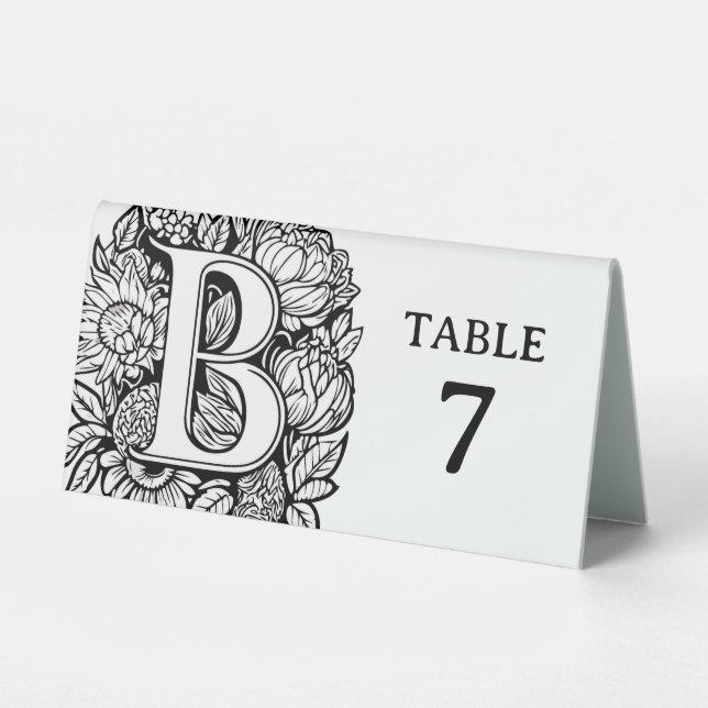 Black and White Floral Monogram B Editable Event Table Tent (Front)
