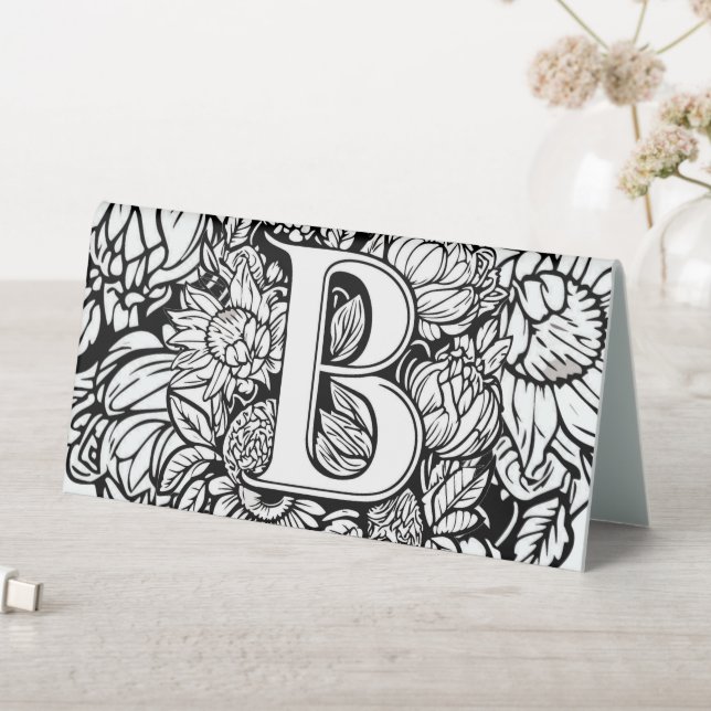 Black and White Floral Monogram "B" Seating Chart Table Tent (In SItu (Table))