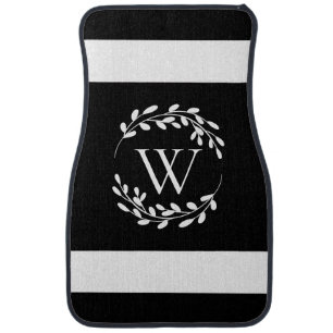Black and White Floral Monogram Car Floor Mat