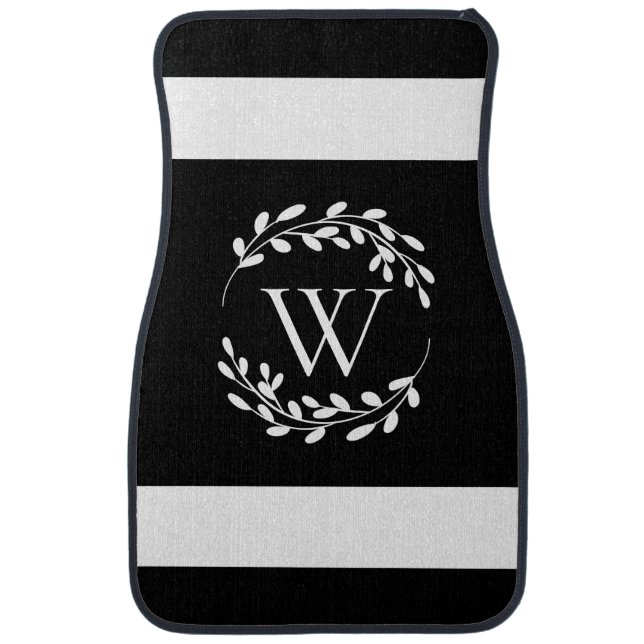 Black and White Floral Monogram Car Floor Mat (Front)