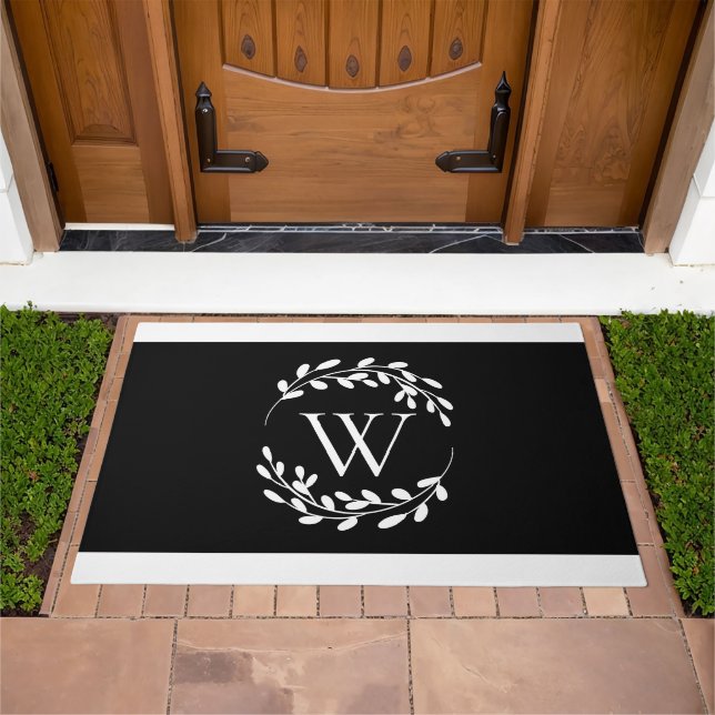 Black and White Floral Monogram Doormat (Outdoor)
