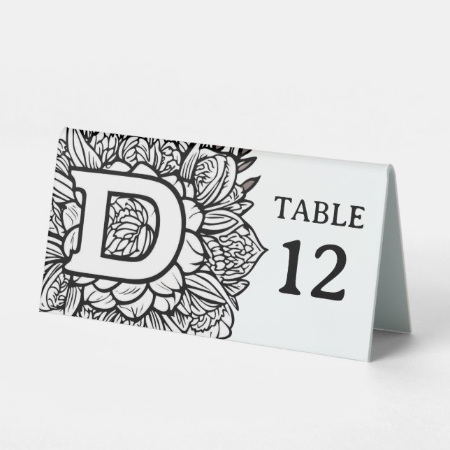 Black and White Floral Monogram Editable Event Table Tent (Front)