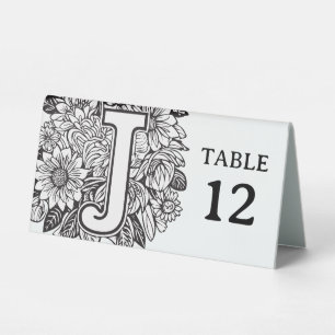 Black and White Floral Monogram J Editable Event Table Tent