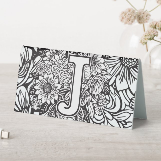 Black and White Floral Monogram "J" Seating Chart Table Tent (In SItu (Table))