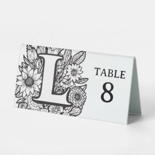 Black and White Floral Monogram L Editable Event Table Tent