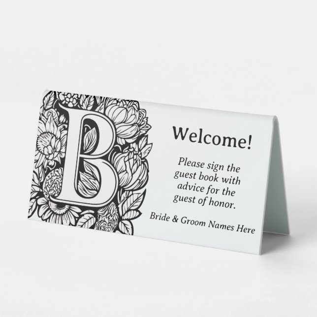 Black and White Floral Monogram Letter B Wedding Table Tent (Front)