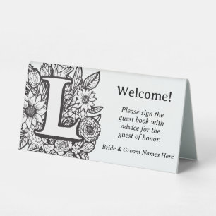 Black and White Floral Monogram Letter L Wedding Table Tent