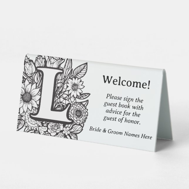 Black and White Floral Monogram Letter L Wedding Table Tent (Front)