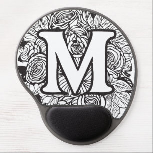 Black and White Floral Monogram Letter M Gel Mouse Pad