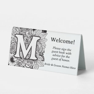 Black and White Floral Monogram Letter M Wedding Table Tent