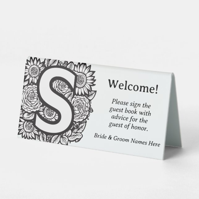 Black and White Floral Monogram Letter S Wedding Table Tent (Front)