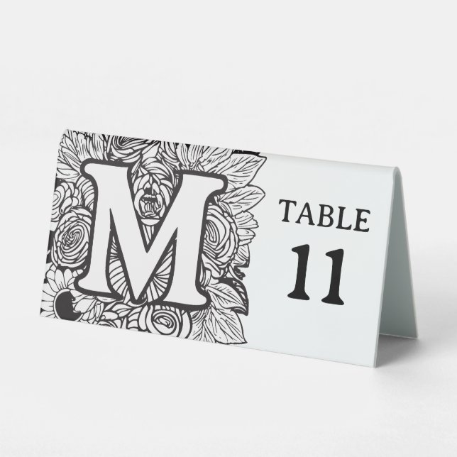 Black and White Floral Monogram M Editable Event Table Tent (Front)