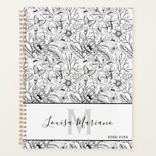 Black and White Floral Monogram Personalized Planner