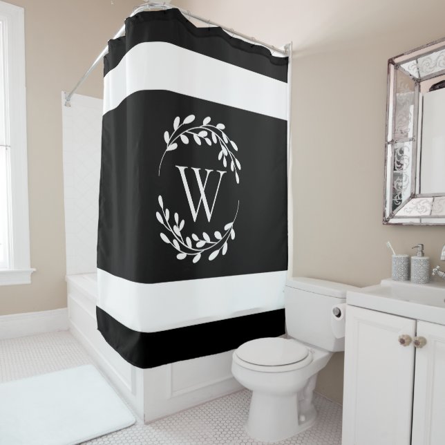 Black and White Floral Monogram Shower Curtain (In Situ)